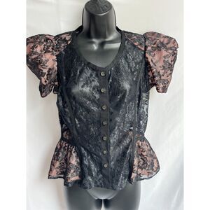 Twist Y2K Lace Overlay Goth Grunge Witchy Top Balloon Sleeves Black M Sexy Retro